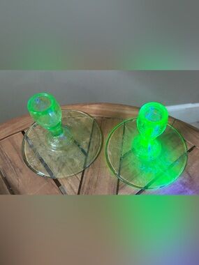 Antique Pair Uranium Glass Candlesticks 4”x5” Pressed Swirl Scrollwork UNUSED